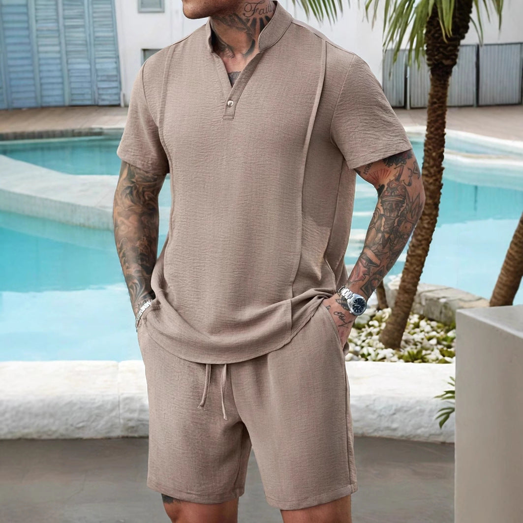 Men's Set with Henley T-shirt and Shorts – Breathable Cotton – Relaxed Fit