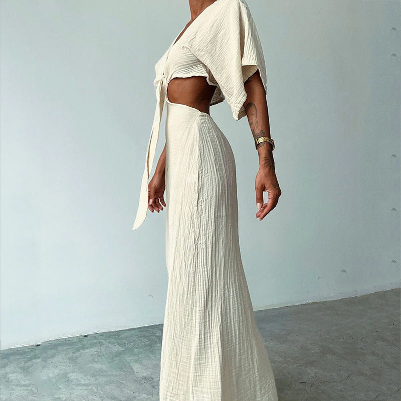 Dress for women – Maxi – Slim fit – V-neck – Waist cutout – Open back