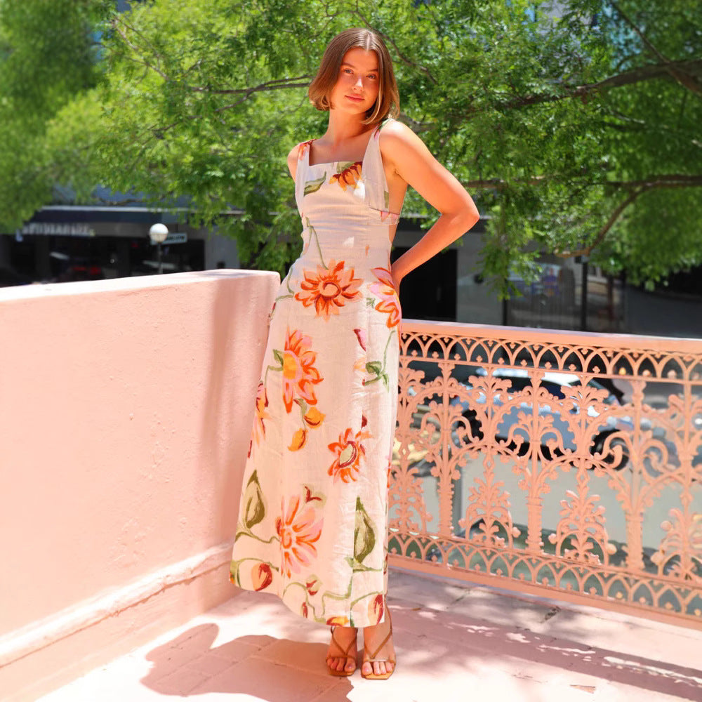 Cotton Floral Print Open Back Dress