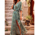 Women's Maxi Dress – V-Neck Wrap – Belt at Waist – Slit – Short Sleeves
