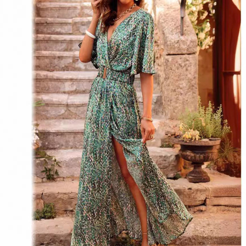 Women's Maxi Dress – V-Neck Wrap – Belt at Waist – Slit – Short Sleeves
