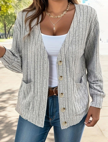 Relaxed Fit Ribbed Knit Button Front Cardigan