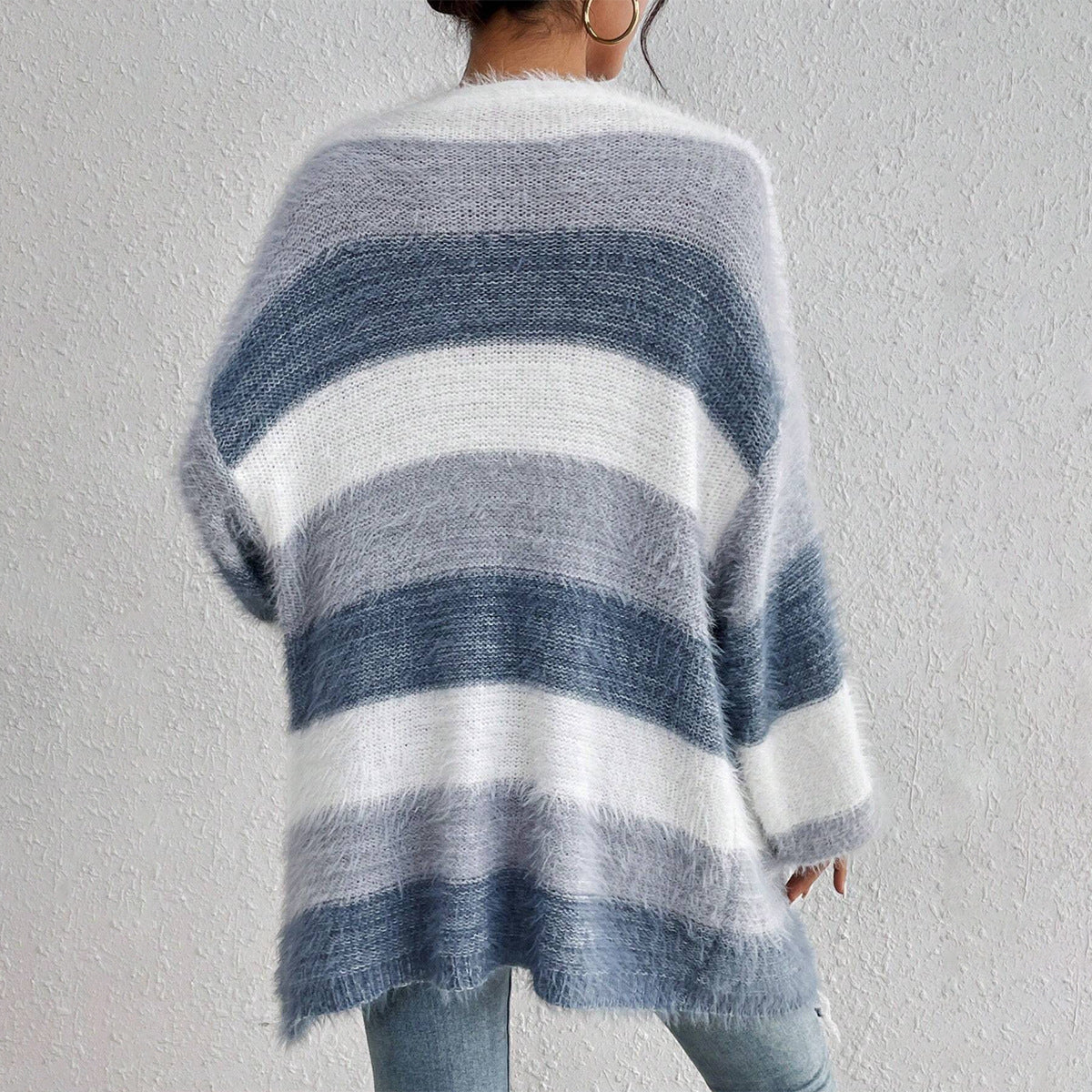 Women's Cardigan – Oversize Fit – Soft Fuzzy Knit – Long Sleeves Open Front – Striped