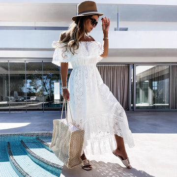 Off-Shoulder Lace Long Airy Dress