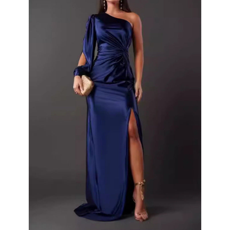 Satin Single Shoulder Slim Fit Maxi Dress
