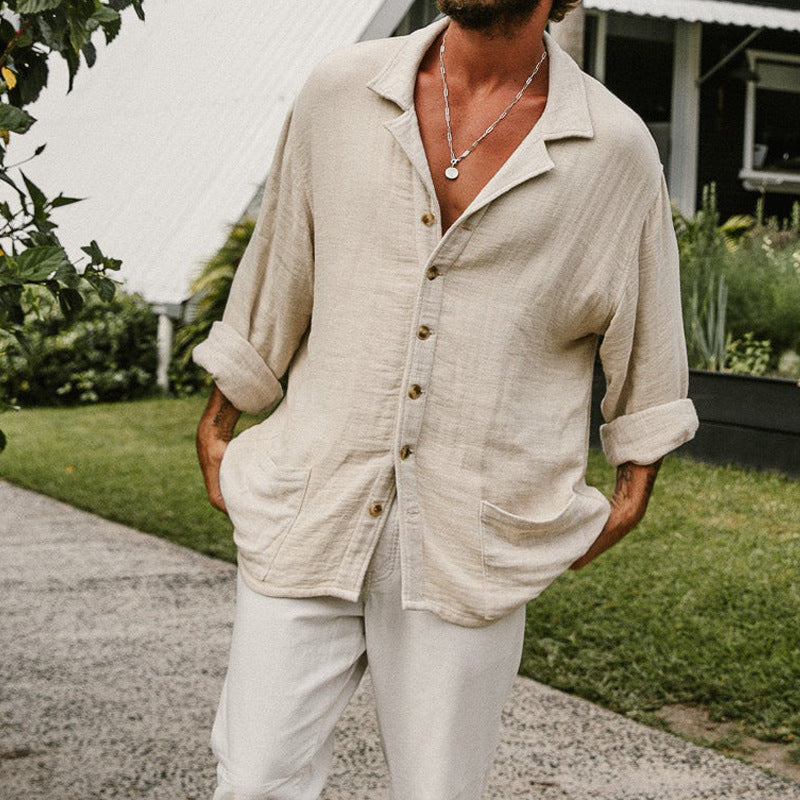 Men's Shirt – Cotton Linen Mix – Relaxed Fit – Long Sleeves – Button Closure