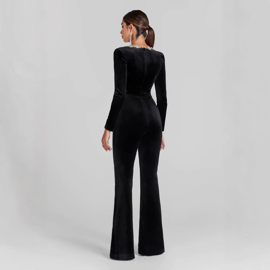 Ladies' Jumpsuit – Slim Fit – Velvet Material – Embellished Neckline – Long Sleeves