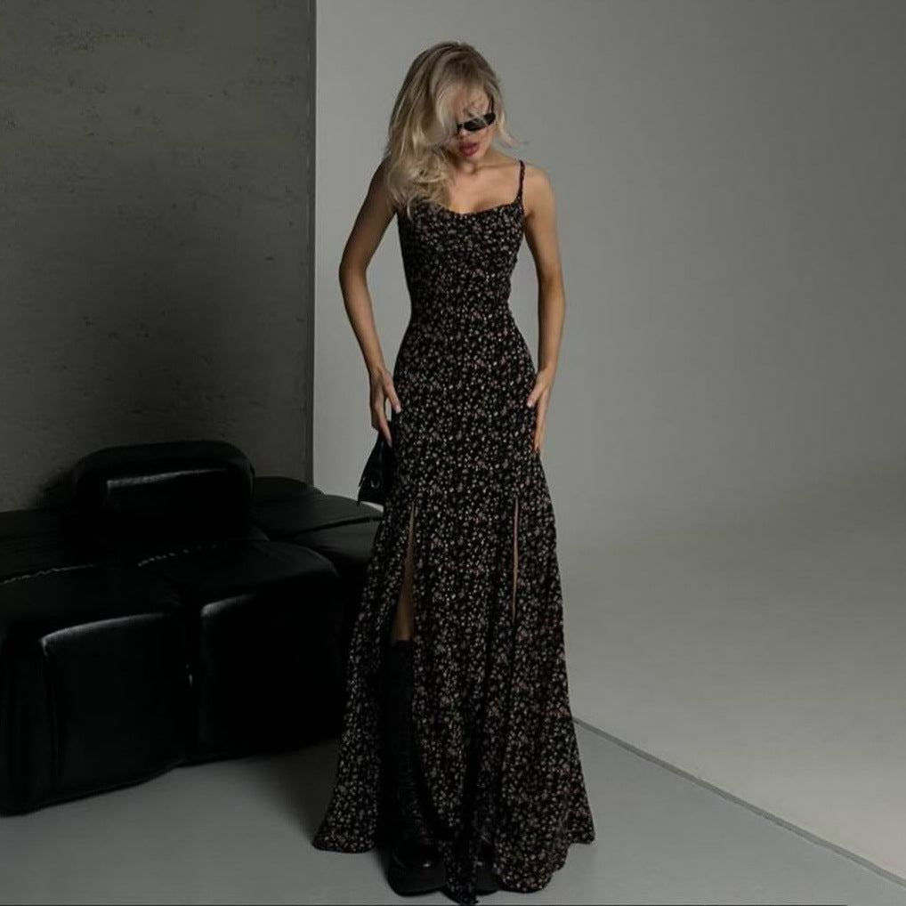 Women's Maxi Dress – Slim Fit – Spaghetti Straps – High Slit – Floral Pattern