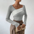 Women's Knit Sweater – Ribbed – Slim Fit – Asymmetric Neck – Long Sleeves