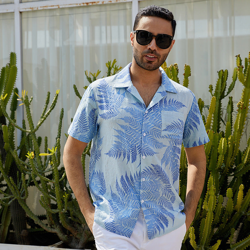 Men's Shirt with Short Sleeves – Relaxed Fit – Leaf Print – Light and Breathable