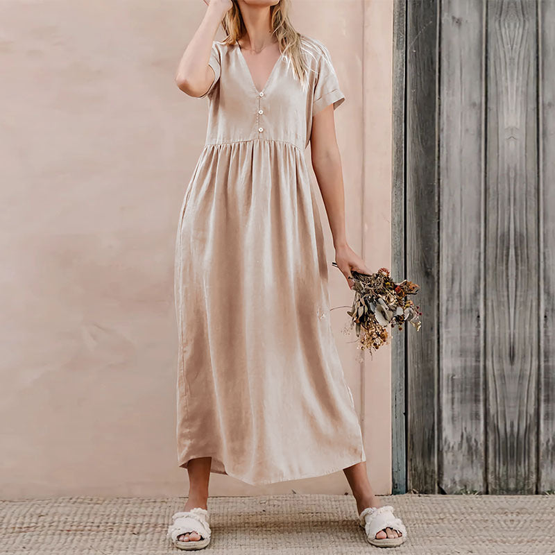 Cotton-Linen Loose Fit V-neck Midi Dress