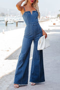 Women's Denim Jumpsuit - Sleeveless with Spaghetti Straps - V-Neckline - Slim Fit