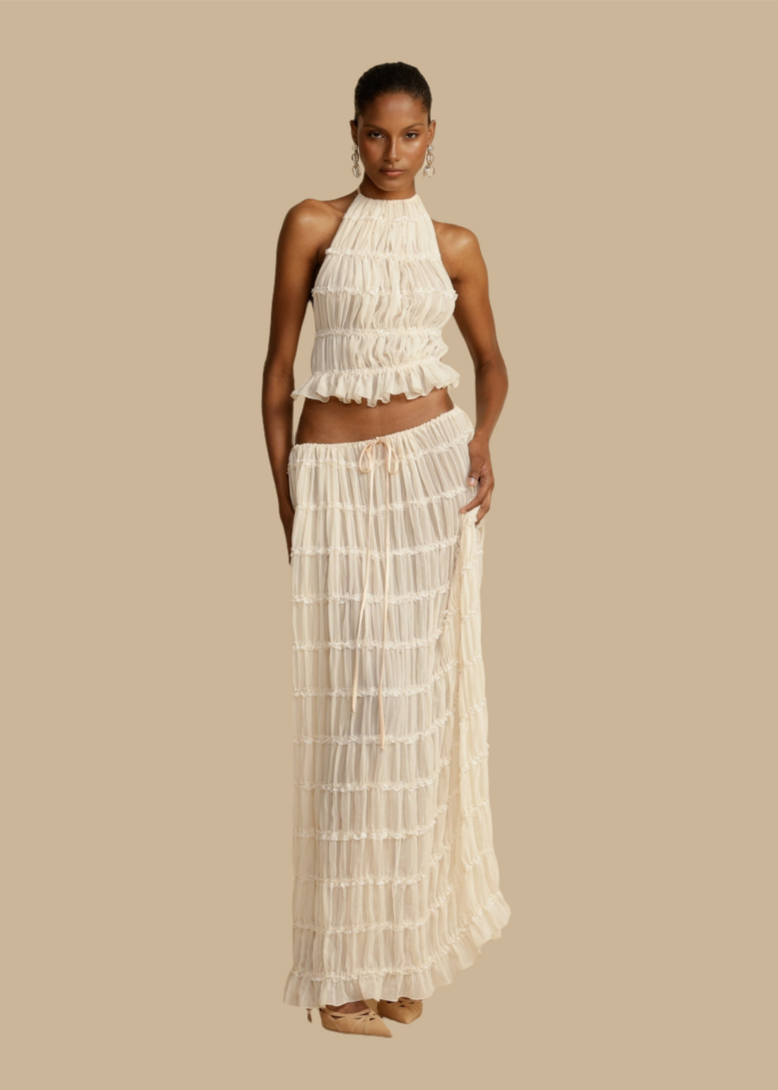 Light Airy Ruched Halterneck Maxi Two-piece Set