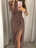 Women's Off-Shoulder Dress - Tight Fit - Draped Design - High Slit