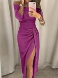 Women's Off-Shoulder Dress - Tight Fit - Draped Design - High Slit
