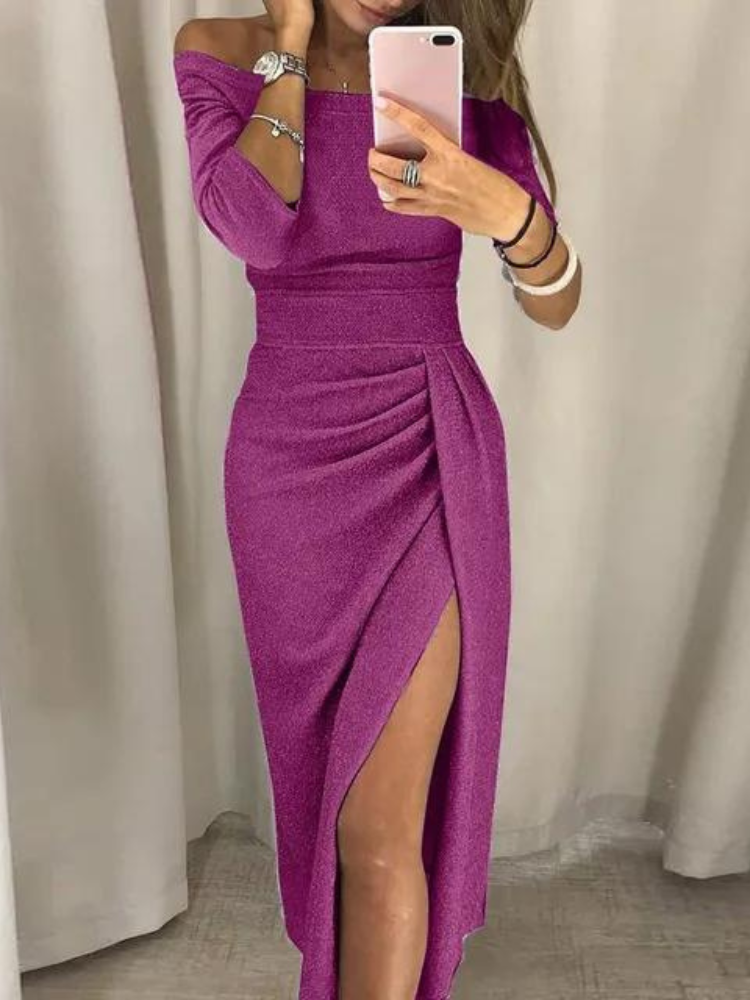 Women's Off-Shoulder Dress - Tight Fit - Draped Design - High Slit