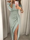 Women's Off-Shoulder Dress - Tight Fit - Draped Design - High Slit