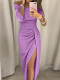 Women's Off-Shoulder Dress - Tight Fit - Draped Design - High Slit