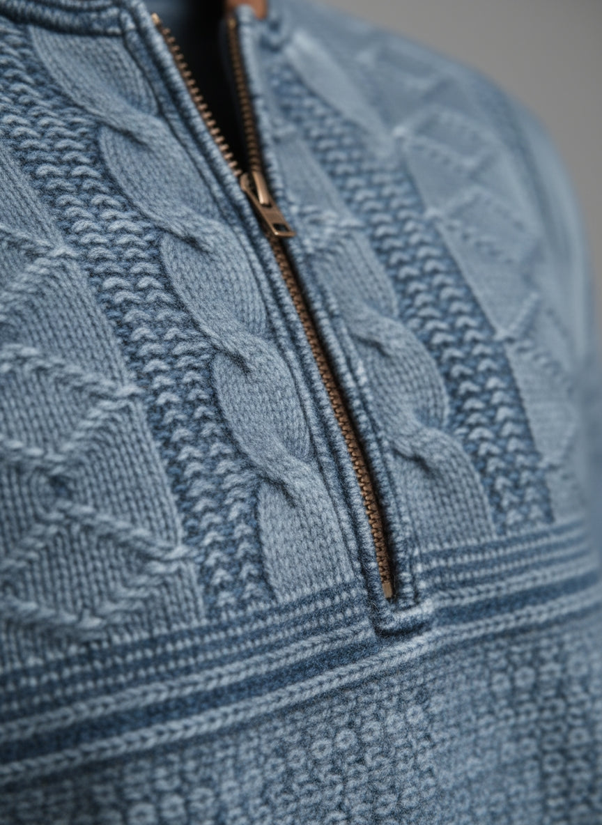 Men's Knit Sweater - Half Zipper - Cable Knit Pattern - Ribbed Edges - Elbow Patches