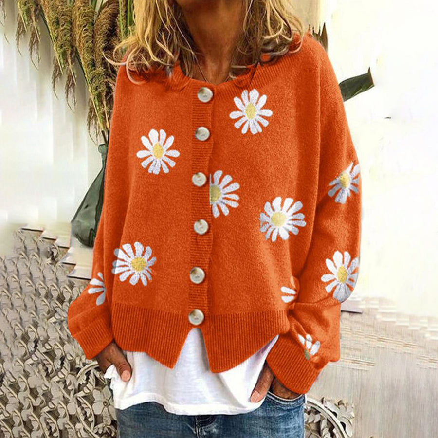 Women's Cardigan – Oversize Fit – Soft Knit – Daisy Pattern – Ribbed Edges