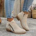 Women's Ankle Boots - Suede Look - Low Heel - Round Toe - Zipper Closure