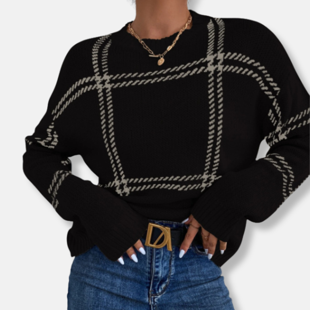 Knit Plaid Crew Neck Sweatshirt