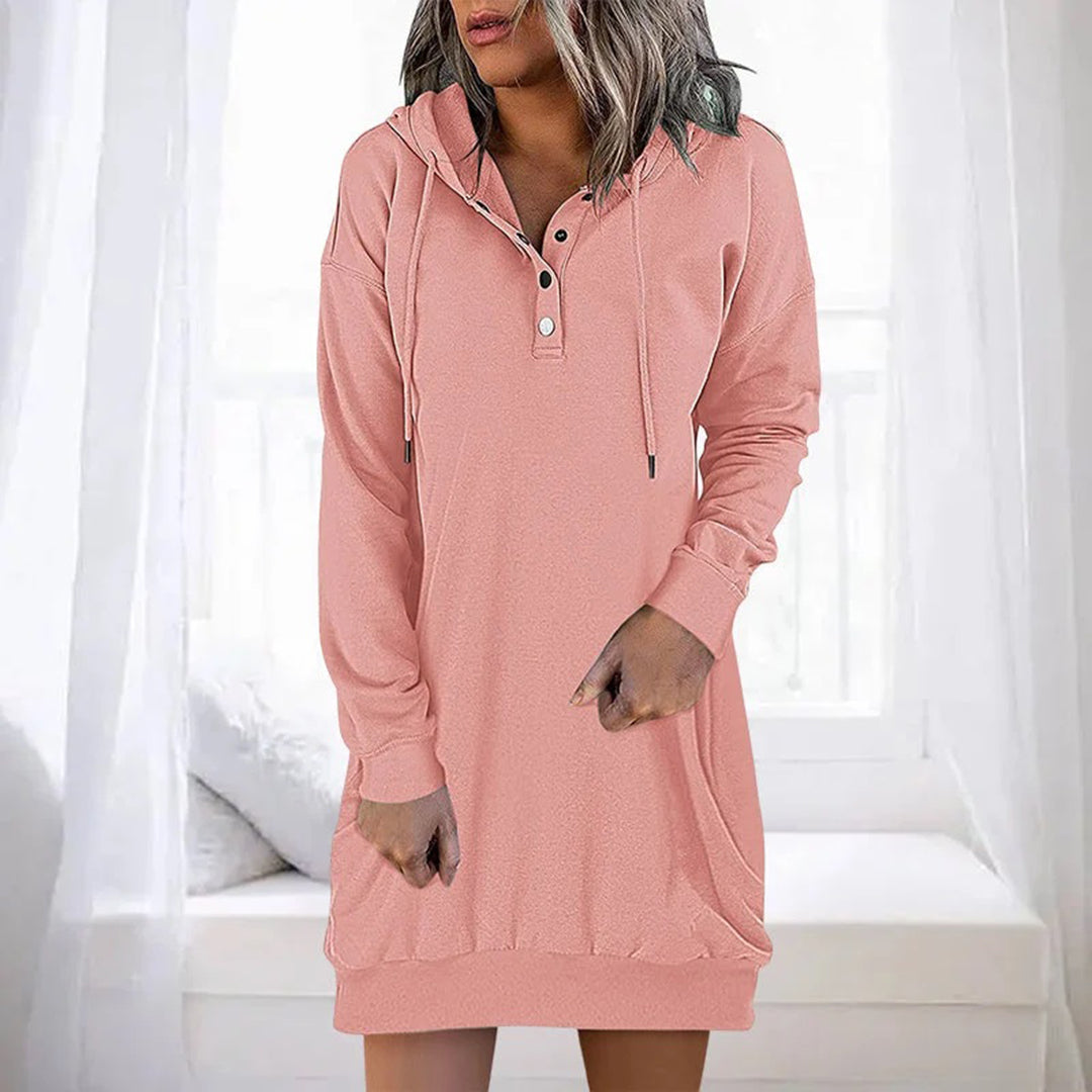 Women's Hoodie Dress - Buttoned Collar - Long Sleeve - Casual Comfort Fit