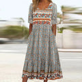 Women's Maxi Dress - Bohemian Style - Floral Print - Loose Fit - Short Sleeve - With Pockets