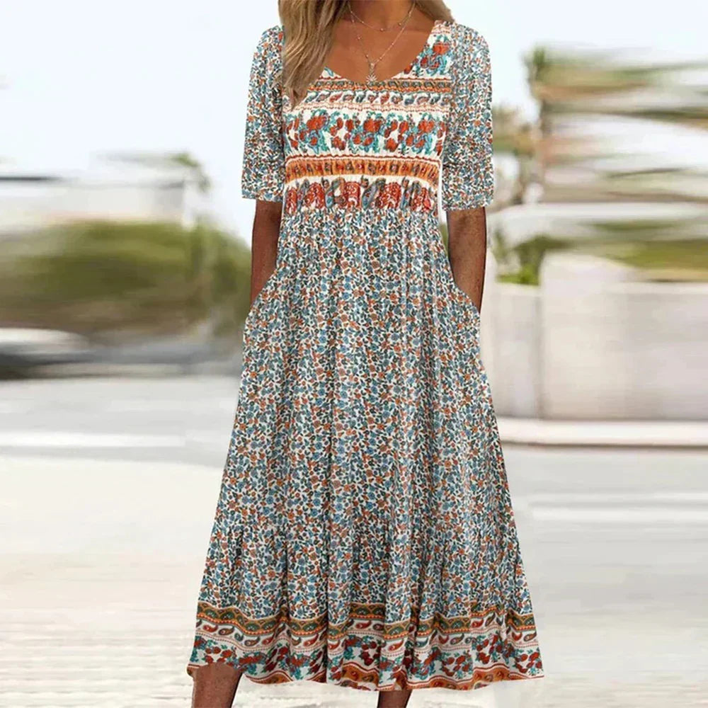 Women's Maxi Dress - Bohemian Style - Floral Print - Loose Fit - Short Sleeve - With Pockets