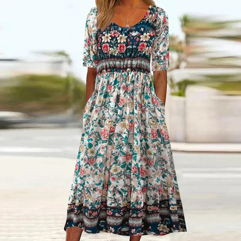 Women's Maxi Dress - Bohemian Style - Floral Print - Loose Fit - Short Sleeve - With Pockets