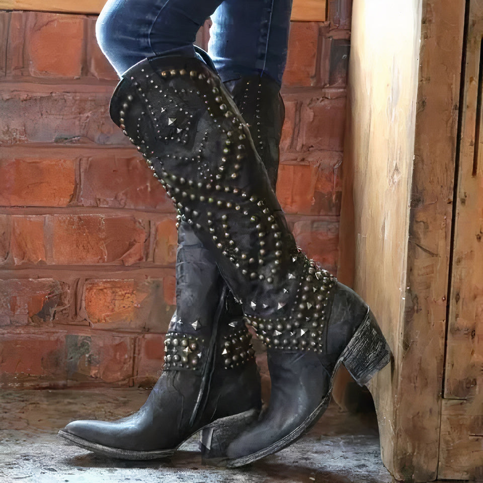 Women's Knee-High Cowboy Boots – Leather Look – Pointed Toe – Stud Styling – Stacked Heel