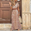 Dress For Women - Maxi Dress With Paisley Pattern - V-Neck And Short Sleeves - Bohemian Look