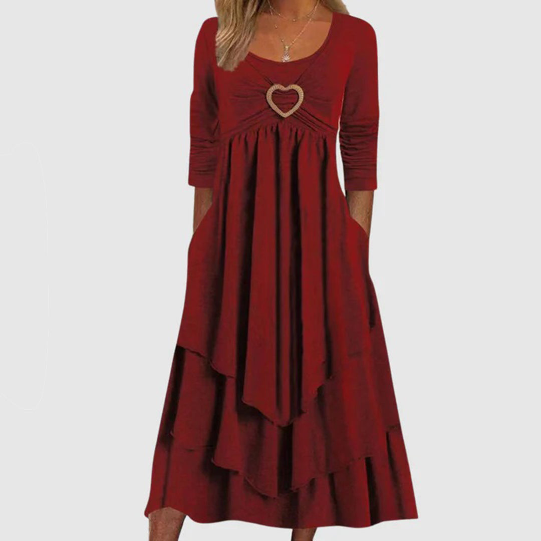 Women's Maxi Dress - Layered Design - Sweetheart Neckline - 3/4 Sleeves - Relaxed Fit