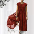 Women's Dress - Long Airy Fit - Short Sleeves - Round Neck - Bohemian Look