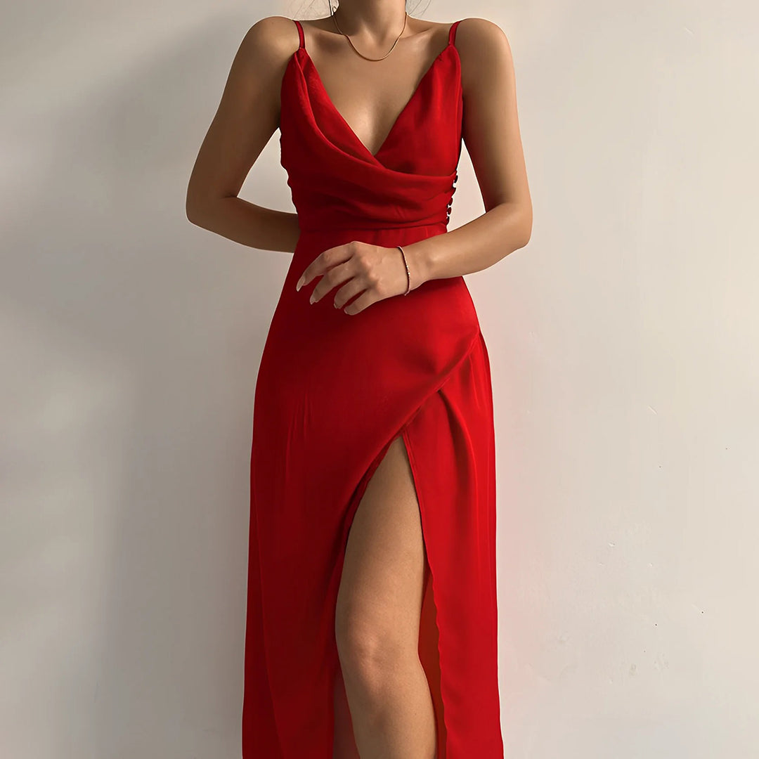Long dress for women - Elegant evening dress - Slim fit - V-neckline - High slit