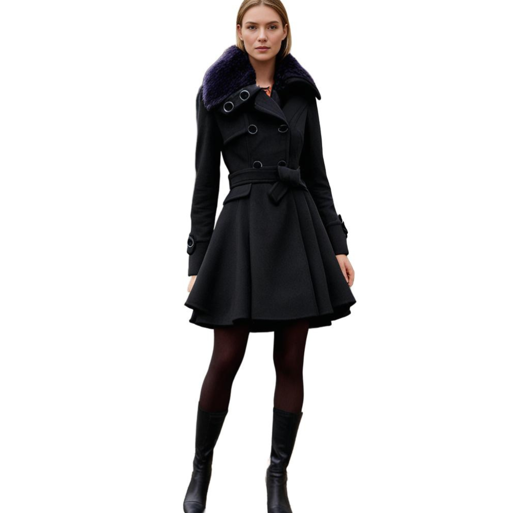 Women's Trench Coat - Wool Blend - Double-Breasted - Belted Waist - Elegant Cut