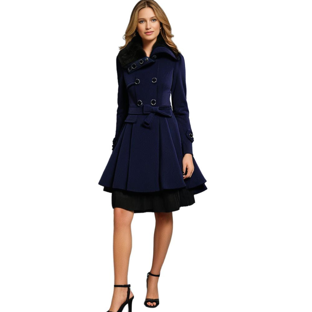 Women's Trench Coat - Wool Blend - Double-Breasted - Belted Waist - Elegant Cut