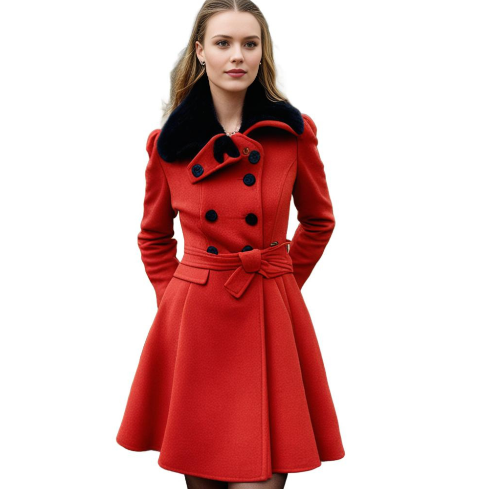 Women's Trench Coat - Wool Blend - Double-Breasted - Belted Waist - Elegant Cut