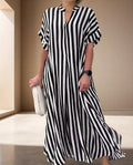 Women's Maxi Dress - Vertical Stripes - Loose Fit - Short Sleeves - Light and Airy