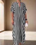 Women's Maxi Dress - Vertical Stripes - Loose Fit - Short Sleeves - Light and Airy