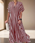 Women's Maxi Dress - Vertical Stripes - Loose Fit - Short Sleeves - Light and Airy