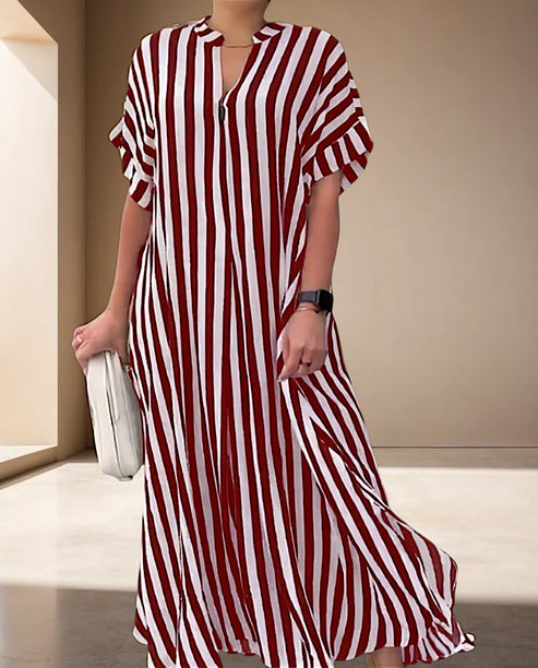 Women's Maxi Dress - Vertical Stripes - Loose Fit - Short Sleeves - Light and Airy