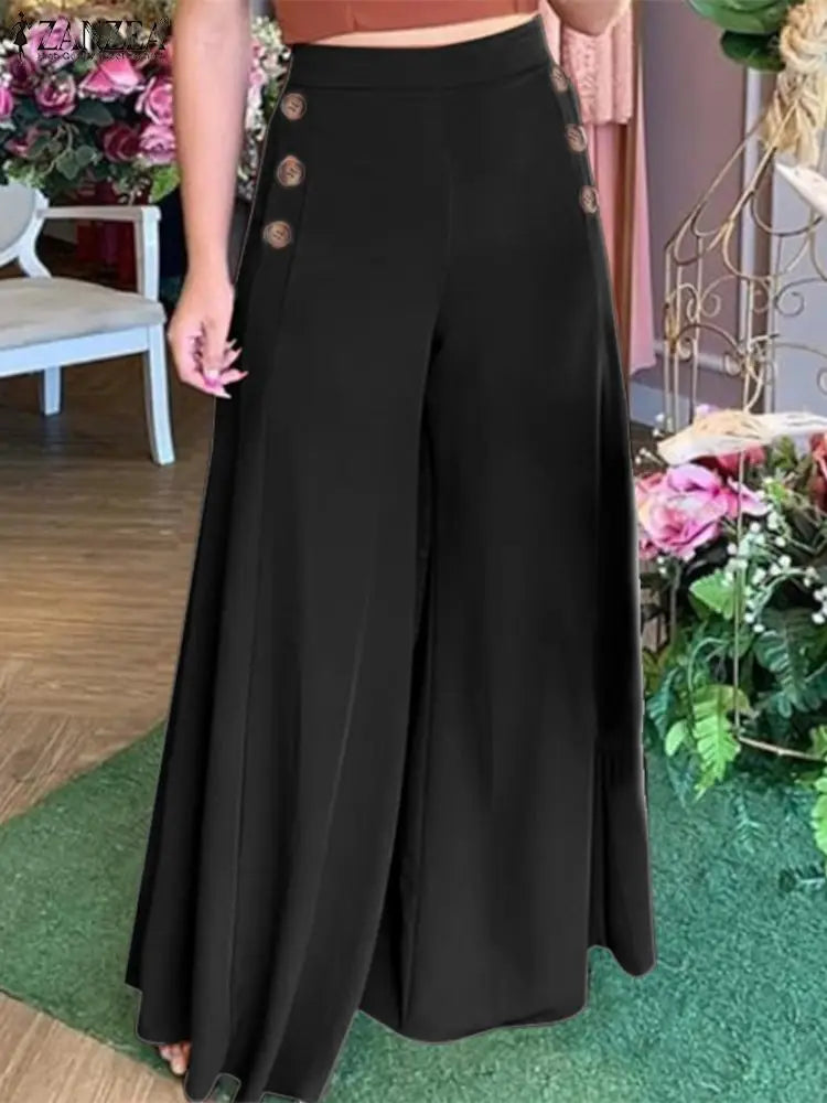 Women's Palazzo Pants - High-Waisted - Loose Fit - Elegant Button Detail