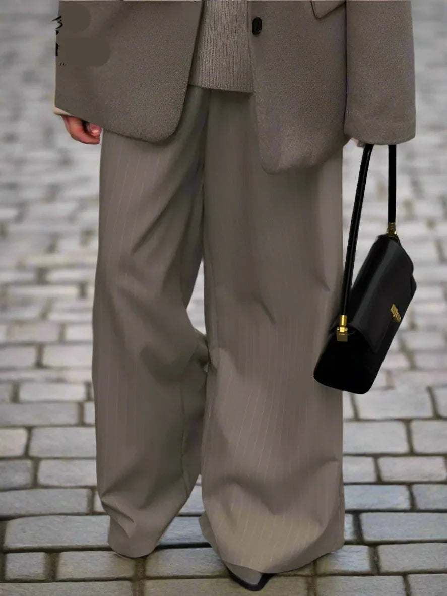 Women's Pants - High-Waisted Wide-Leg - Striped Pattern - Elegant and Comfortable