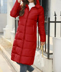 Women's Long Down Jacket - Knee-Length Quilted - Hood and Warm Insulation - Lightweight Design