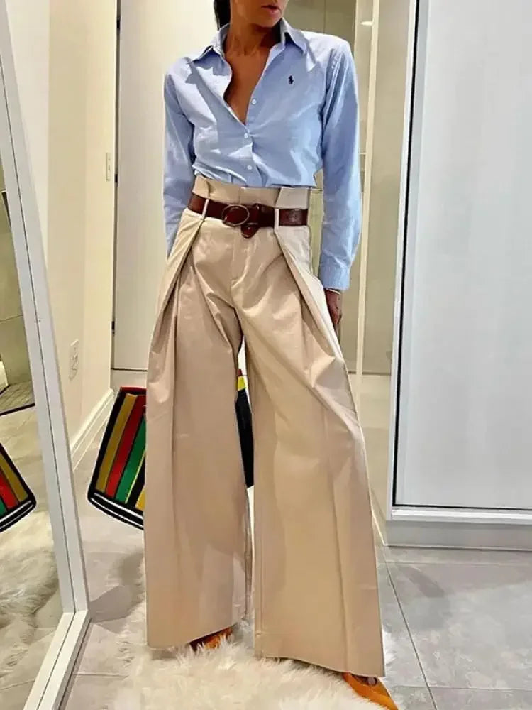 Women's Suit Pants – High-Waisted Wide Leg – Pleated Design – Elegant and Structured