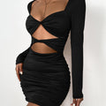 Women's Bodycon Mini Dress - Long Sleeved - Deep V-Neck with Twist - Cutout at Waist