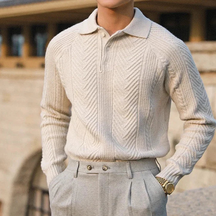Men's Knit Sweater – Slim Fit – Cable Knit – Polo Collar – Long Sleeves Layer-on-layer