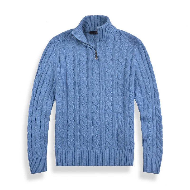 Men's Sweater with Half Zip – Cable Knit – Cotton Blend – Regular Fit – Ribbed Edges
