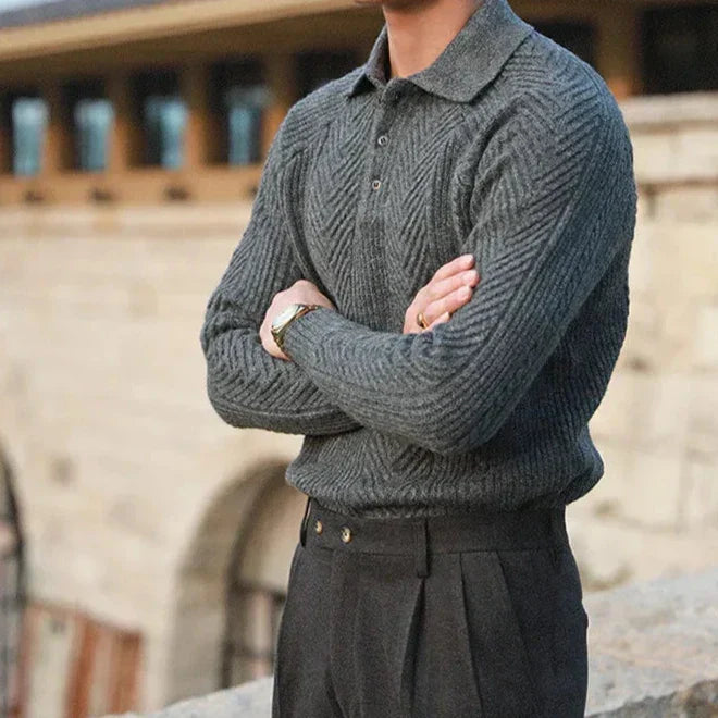 Men's Knit Sweater – Slim Fit – Cable Knit – Polo Collar – Long Sleeves Layer-on-layer